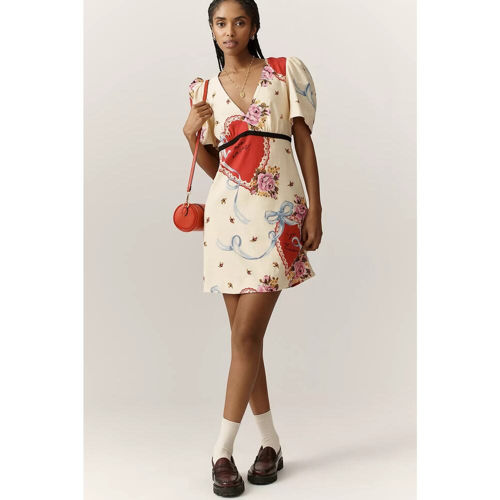 nwt ANTHROPOLOGIE MAEVE sz L Lucky Charm V-Neck Puff Sleeve dress - Picture 2 of 5